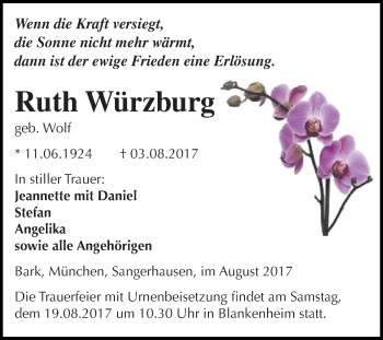 Traueranzeige von Ruth Würzburg von WVG - Wochenspiegel SGH