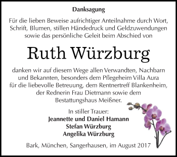 Traueranzeige von Ruth Würzburg von WVG - Wochenspiegel SGH