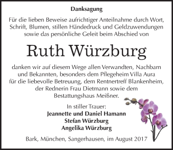 Traueranzeige von Ruth Würzburg von Mitteldeutsche Zeitung Sangerhausen