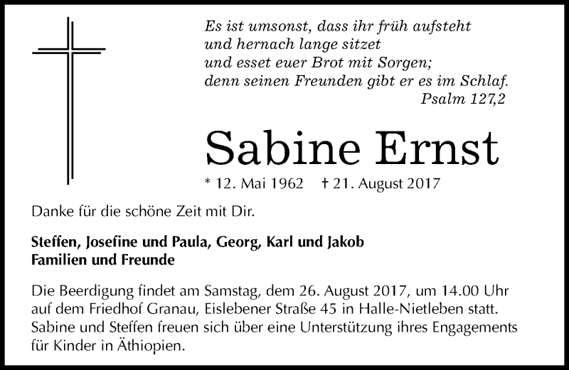  Traueranzeige für Sabine Ernst vom 24.08.2017 aus Mitteldeutsche Zeitung