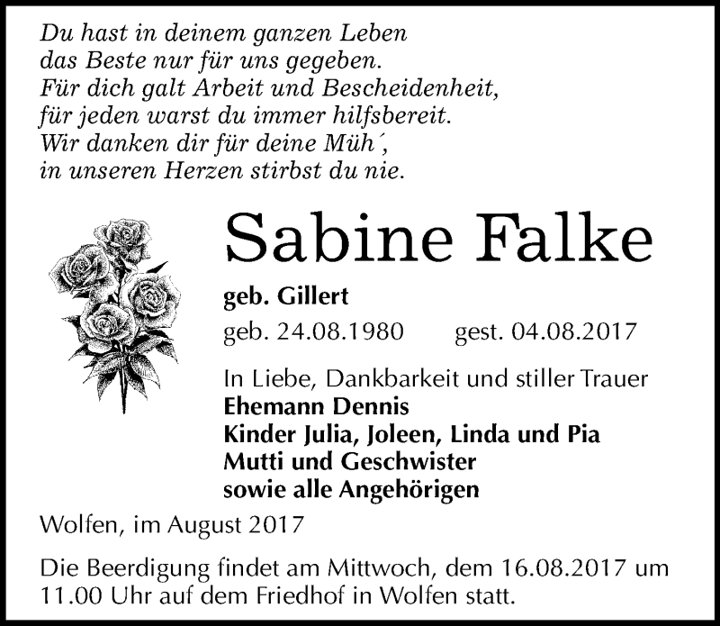  Traueranzeige für Sabine Falke vom 12.08.2017 aus Mitteldeutsche Zeitung Bitterfeld