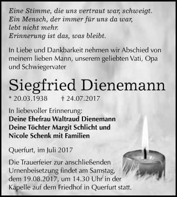 Traueranzeige von Siegfried Dienemann von WVG - Wochenspiegel Merseburg
