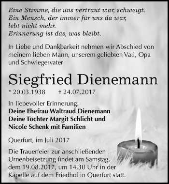 Traueranzeige von Siegfried Dienemann von Mitteldeutsche Zeitung Merseburg/Querfurt