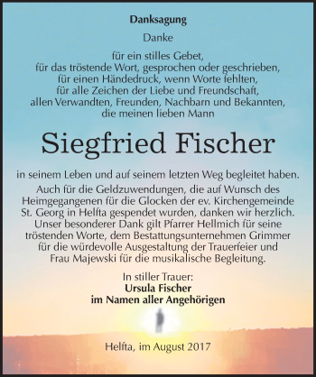 Traueranzeige von Siegfried Fischer von Mitteldeutsche Zeitung Mansfelder Land