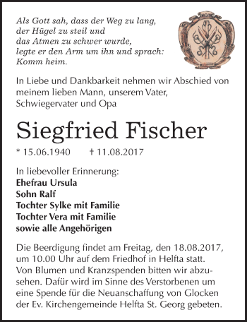 Traueranzeige von Siegfried Fischer von Mitteldeutsche Zeitung Mansfelder Land