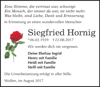Traueranzeige von Siegfried Hornig von Mitteldeutsche Zeitung Bitterfeld