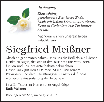 Traueranzeige von Siegfried Meißner von Mitteldeutsche Zeitung Mansfelder Land