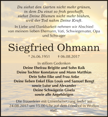 Traueranzeige von Siegfried Ohmann von Mitteldeutsche Zeitung