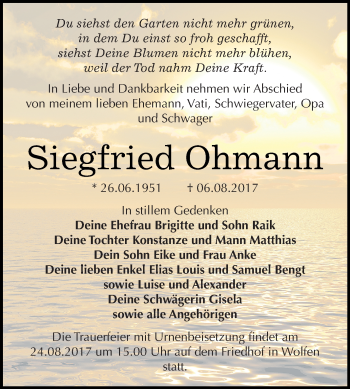 Traueranzeige von Siegfried Ohmann von WVG - Wochenspiegel Bitterfeld