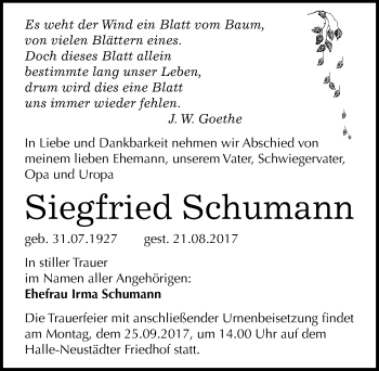 Traueranzeige von Siegfried Schumann von Mitteldeutsche Zeitung Halle/Saalkreis