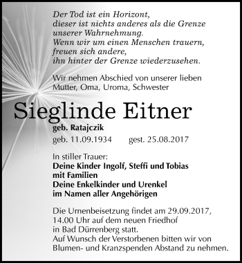 Traueranzeige von Sieglinde Eitner von Mitteldeutsche Zeitung Merseburg/Querfurt