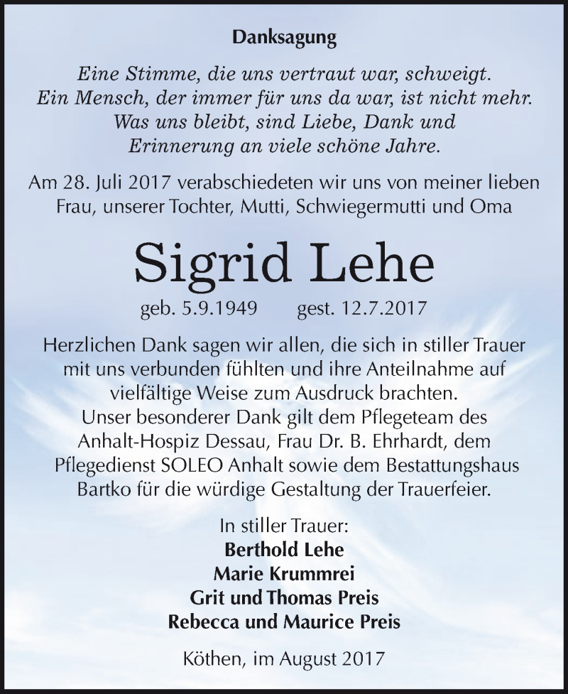  Traueranzeige für Sigrid Lehe vom 05.08.2017 aus WVG - Wochenspiegel Dessau / Köthen