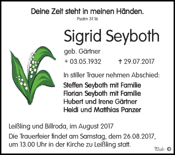 Traueranzeige von Sigrid Seyboth von WVG - Wochenspiegel NMB / WSF / ZTZ