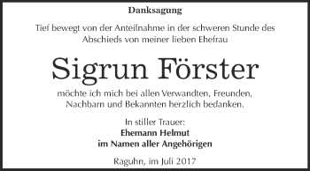 Traueranzeige von Sigrun Förster von WVG - Wochenspiegel Bitterfeld