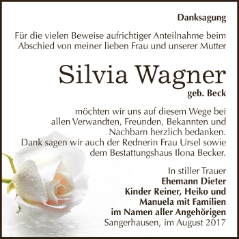 Traueranzeige von Silvia Wagner von Super Sonntag SGH Mansf. Land