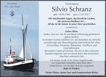 Traueranzeige von Silvio Schranz von WVG - Wochenspiegel Dessau / Köthen