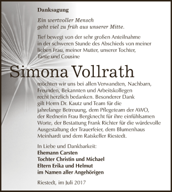 Traueranzeige von Simona Vollrath von Super Sonntag SGH Mansf. Land