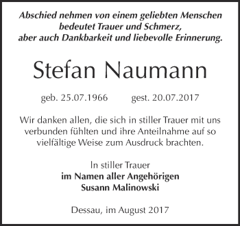 Traueranzeige von Stefan Naumann von WVG - Wochenspiegel Dessau / Köthen