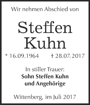 Traueranzeige von Steffen Kuhn von Super Sonntag Wittenberg