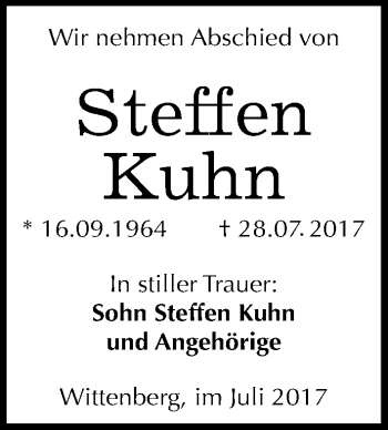 Traueranzeige von Steffen Kuhn von Mitteldeutsche Zeitung Wittenberg