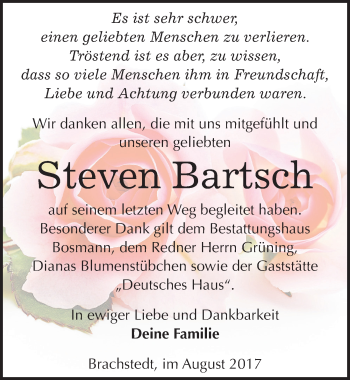 Traueranzeige von Steven Bartsch von Mitteldeutsche Zeitung Halle/Saalkreis