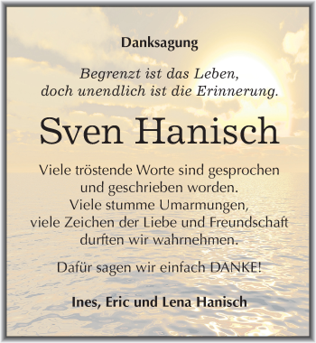 Traueranzeige von Sven Hanisch von Mitteldeutsche Zeitung Mansfelder Land