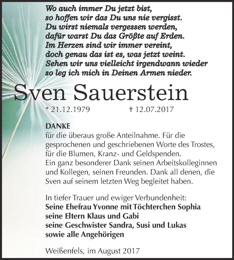  Traueranzeige für Sven Sauerstein vom 09.08.2017 aus WVG - Wochenspiegel NMB / WSF / ZTZ