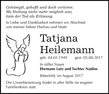 Traueranzeige von Tatjana Heilemann von Mitteldeutsche Zeitung Bitterfeld