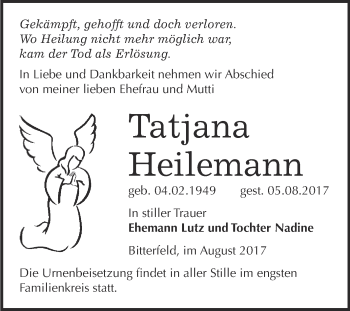 Traueranzeige von Tatjana Heilemann von WVG - Wochenspiegel Bitterfeld