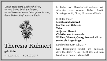 Traueranzeige von Theresia Kuhnert von Mitteldeutsche Zeitung Mansfelder Land