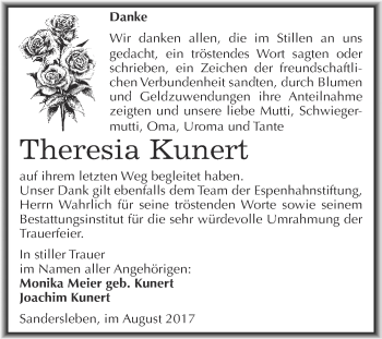 Traueranzeige von Theresia Kunert von Super Sonntag SGH Mansf. Land