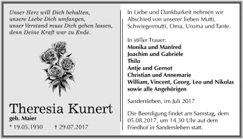 Traueranzeige von Theresia Kunert von Mitteldeutsche Zeitung Mansfelder Land
