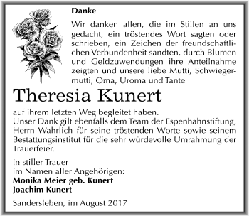 Traueranzeige von Theresia Kunert von Mitteldeutsche Zeitung Mansfelder Land