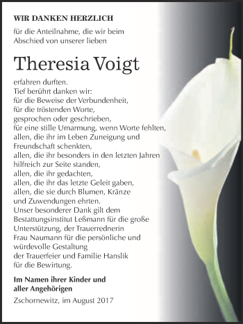 Traueranzeige von Theresia Voigt von WVG - Wochenspiegel Wittenberg