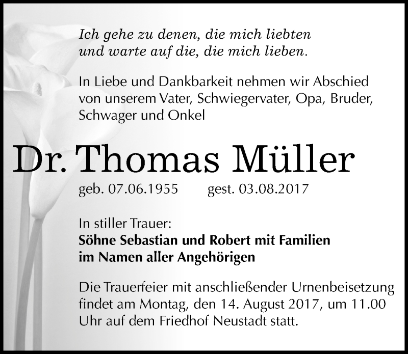  Traueranzeige für Thomas Müller vom 05.08.2017 aus Mitteldeutsche Zeitung