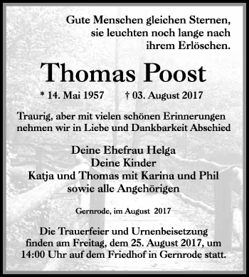 Traueranzeige von Thomas Poost von WVG - Wochenspiegel Quedlinburg