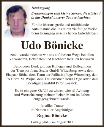 Traueranzeige von Udo Bönicke von WVG - Wochenspiegel Dessau / Köthen