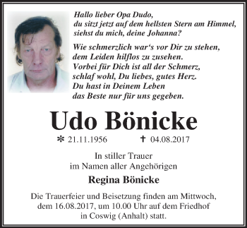 Traueranzeige von Udo Bönicke von Mitteldeutsche Zeitung Dessau-Roßlau