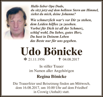 Traueranzeige von Udo Bönicke von WVG - Wochenspiegel Dessau / Köthen