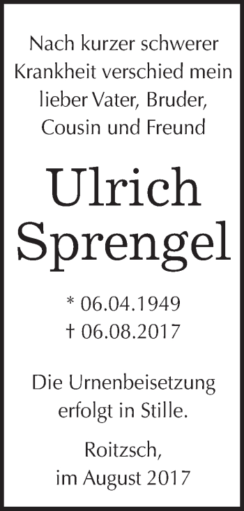 Traueranzeige von Ulrich Sprengel von WVG - Wochenspiegel Bitterfeld
