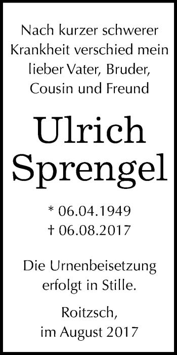 Traueranzeige von Ulrich Sprengel von Mitteldeutsche Zeitung Bitterfeld