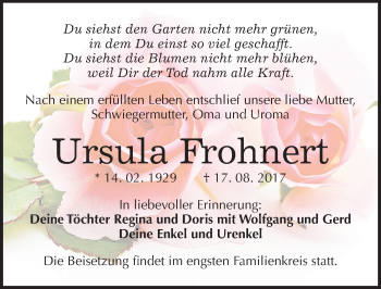 Traueranzeige von Ursula Frohnert von Mitteldeutsche Zeitung Halle/Saalkreis