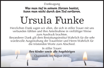 Traueranzeige von Ursula Funke von Mitteldeutsche Zeitung Mansfelder Land