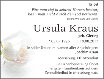 Traueranzeige von Ursula Kraus von Mitteldeutsche Zeitung Merseburg/Querfurt