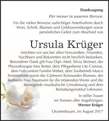 Traueranzeige von Ursula Krüger von WVG - Wochenspiegel Wittenberg