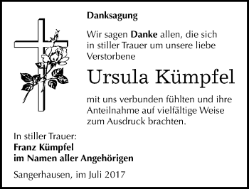 Traueranzeige von Ursula Kümpfel von Mitteldeutsche Zeitung Sangerhausen