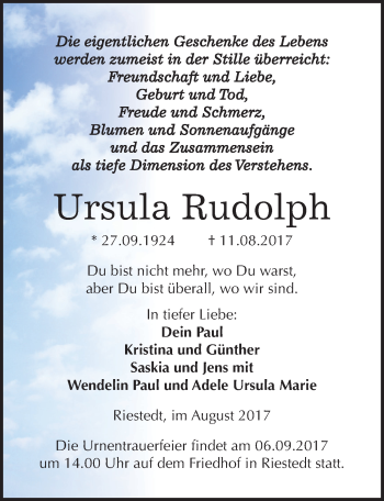 Traueranzeige von Ursula Rudolph von Mitteldeutsche Zeitung Sangerhausen