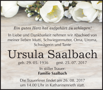 Traueranzeige von Ursula Saalbach von Mitteldeutsche Zeitung Sangerhausen
