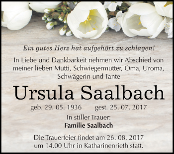 Traueranzeige von Ursula Saalbach von Super Sonntag SGH Mansf. Land