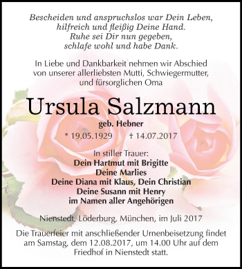 Traueranzeige von Ursula Salzmann von Super Sonntag SGH Mansf. Land